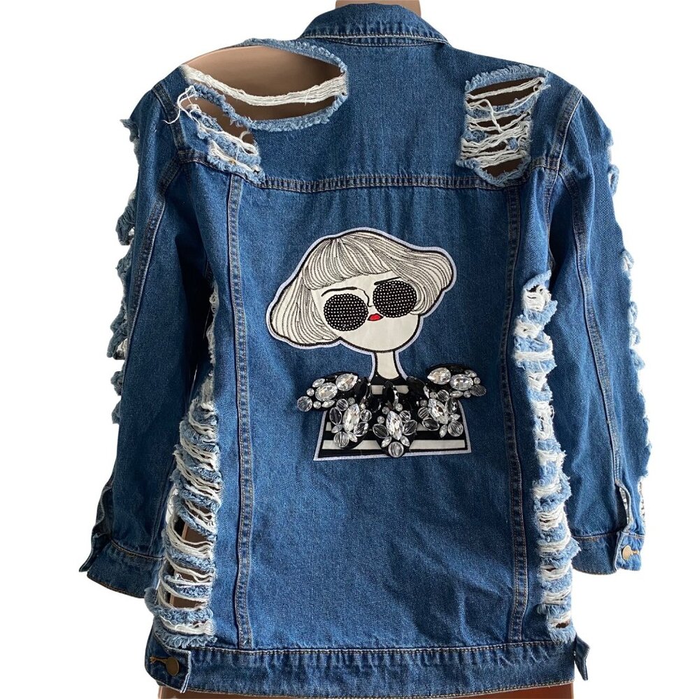 Denimland Paris Collection Jean Jacket Women M Destroyed Rhinestones Embroidered - Picture 13 of 13